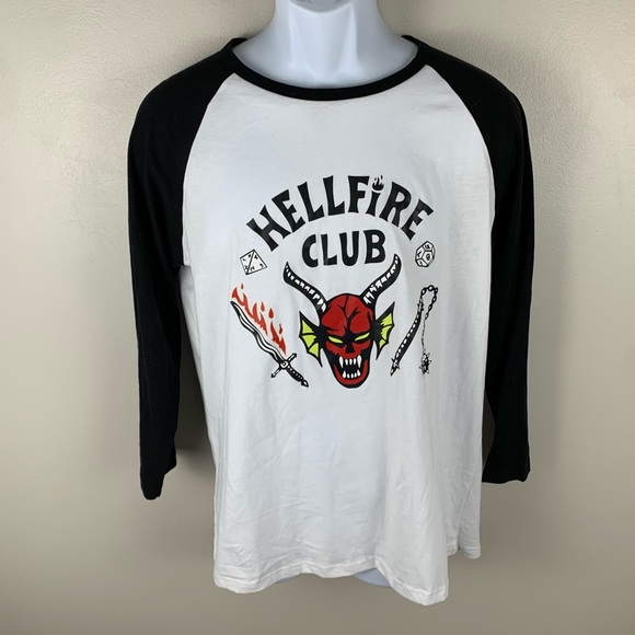 Stranger Things Hellfire Club Logo Adult Baseball Shirt Ragland Sleeve Size‎ XL - Picture 1 of 9
